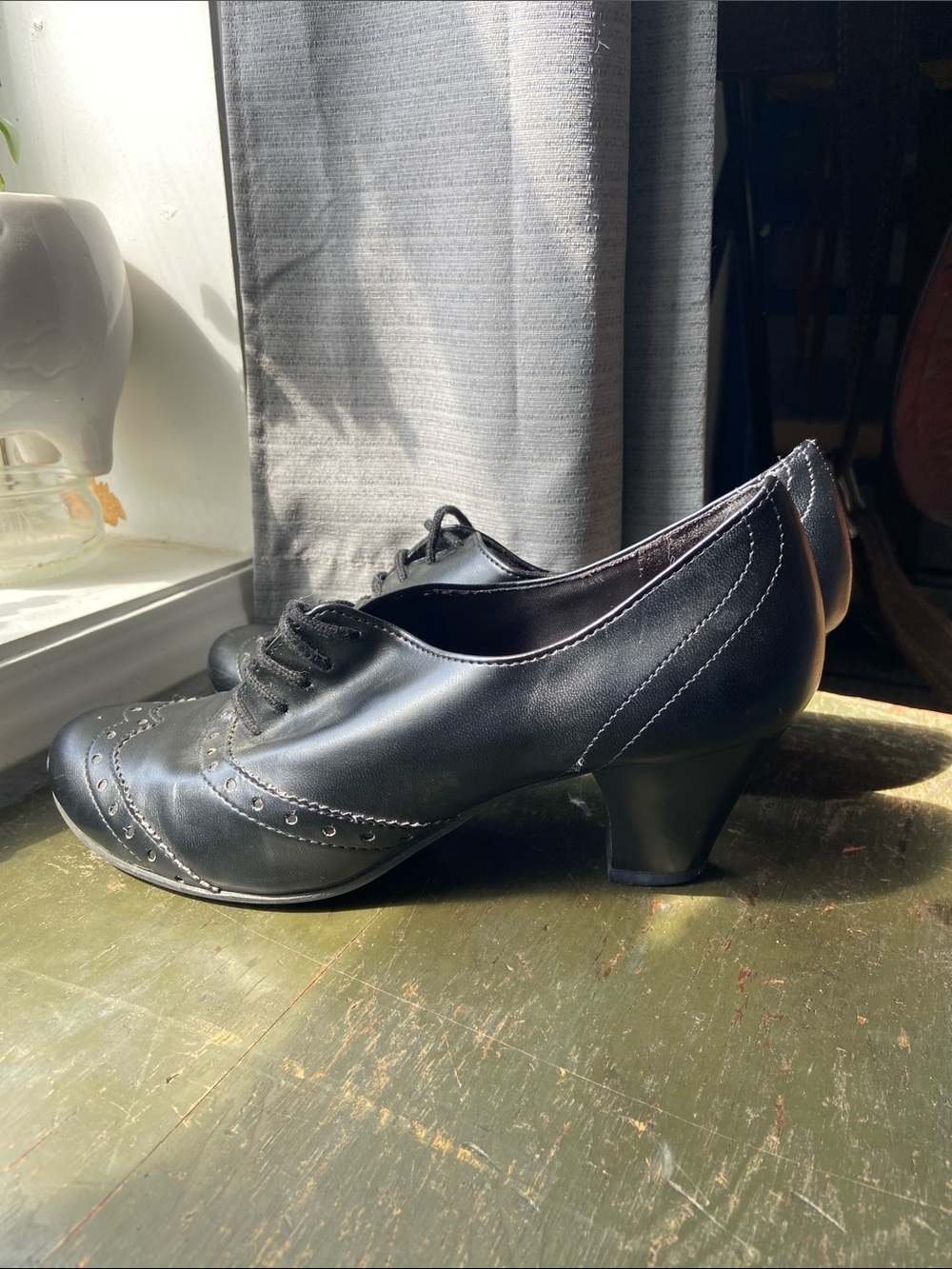 Black Leather Wingtip Lace-Up Heels - Picture 2 of 3